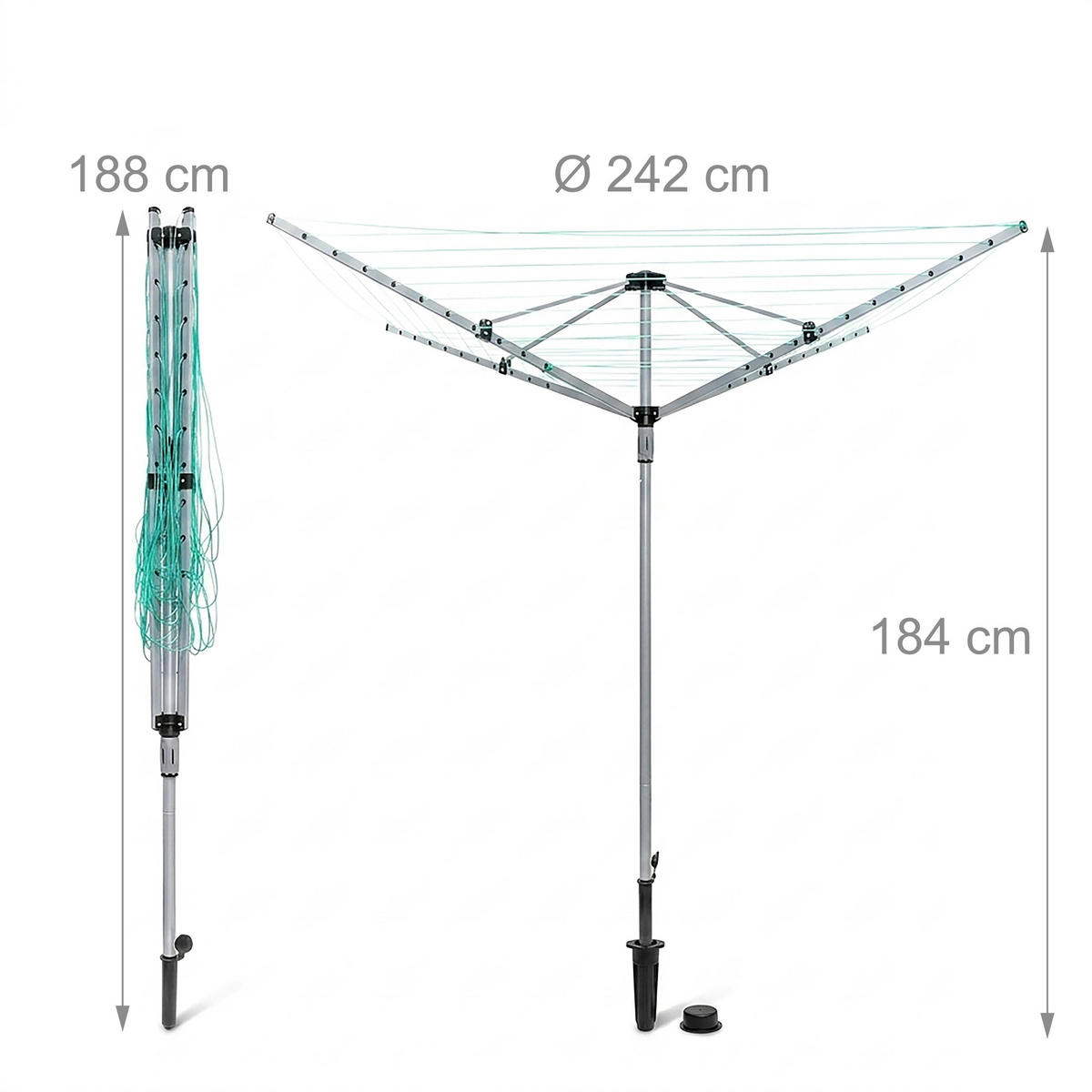 WÄSCHESPINNE Silber 49,2 m mit Bodenhülse - Silberfarben, Kunststoff/Metall (242/184/242cm) - Relaxdays