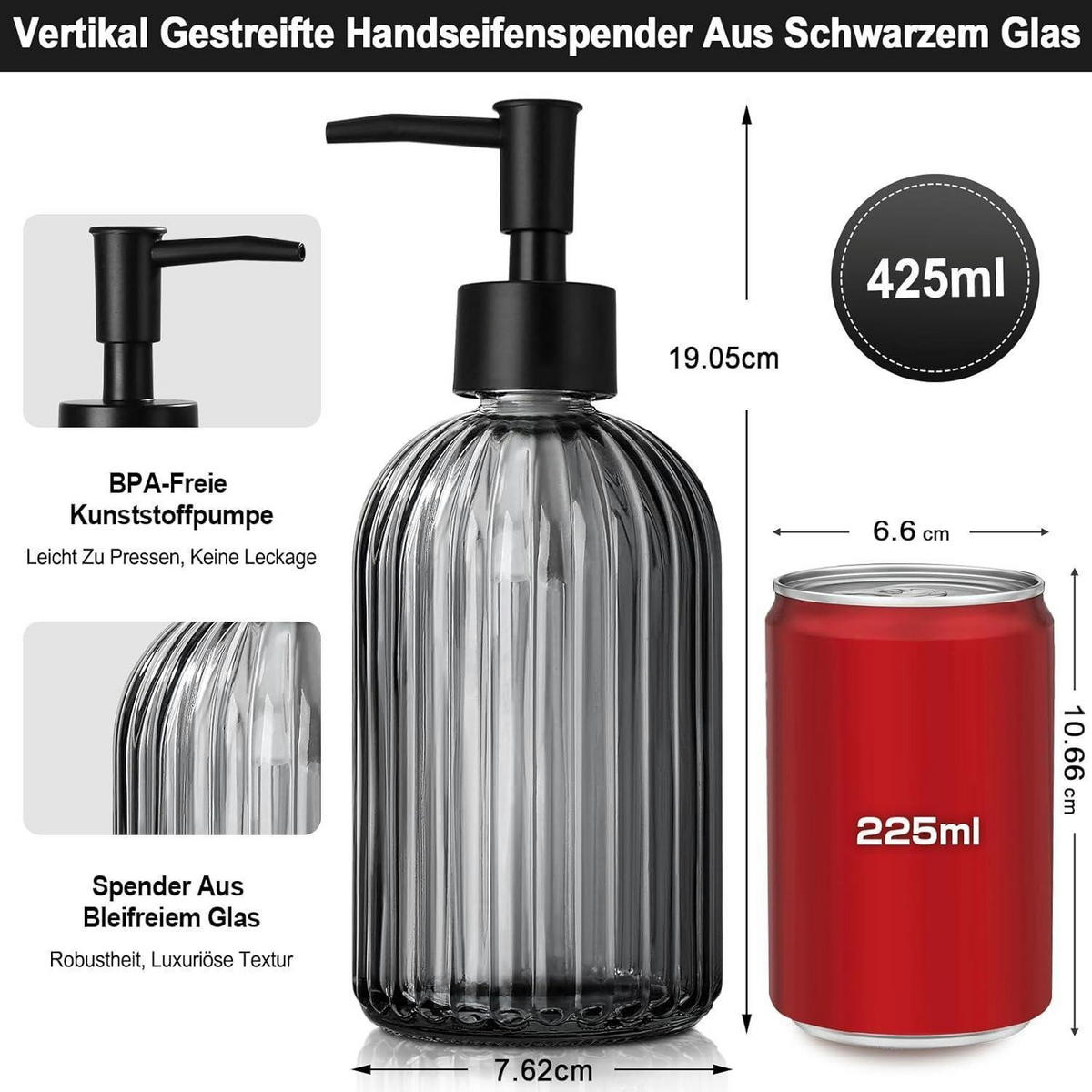 SEIFENSPENDER 2-teiliges Set Glas Schwarz Gestreift - Schwarz, Glas (7.6/19.1/7.6cm)
