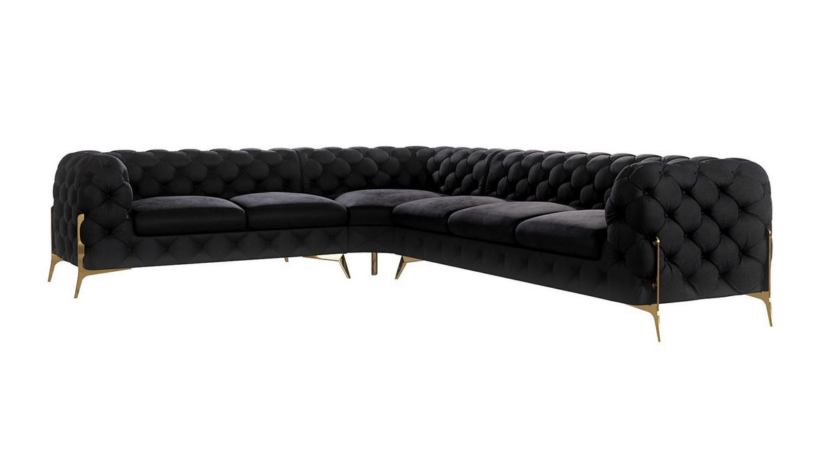 ECKSOFA Chesterfield Lexi Schwarz Samt, langer Schenkel rechts - Goldfarben/Schwarz, Holz/Textil (323/264cm) - S-Style Möbel