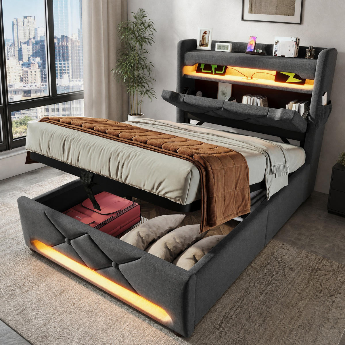 POLSTERBETT 90/200 mit Bettkasten, LED, USB/Type-C und Stauraum-Kopfteil in Grau - Grau, Holzwerkstoff/Textil (90/200cm) - EVRYAE