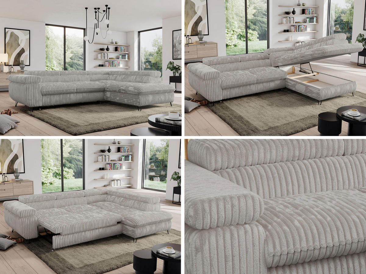 ECKSOFA PEDRO L Hellgrau Cord - Rechts Seite - Hellgrau/Schwarz, Textil/Metall (273/208cm) - MKS