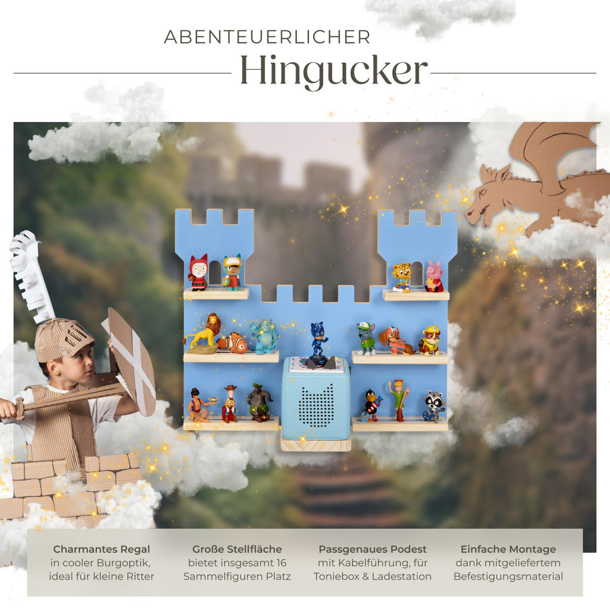 WANDREGAL Mylittlestory Fortress,56 x 15,5 x 43 cm,blau - Blau, Holz (56/43/15.5cm) - tectake