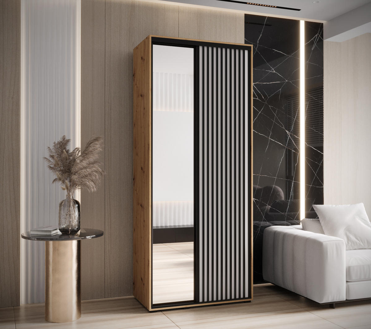 SCHWEBETÜRENSCHRANK 235,2/120/60 2-türig - Schwarz/Weiß, Holz/Metall (120/235/60cm) - Abiks Möbel