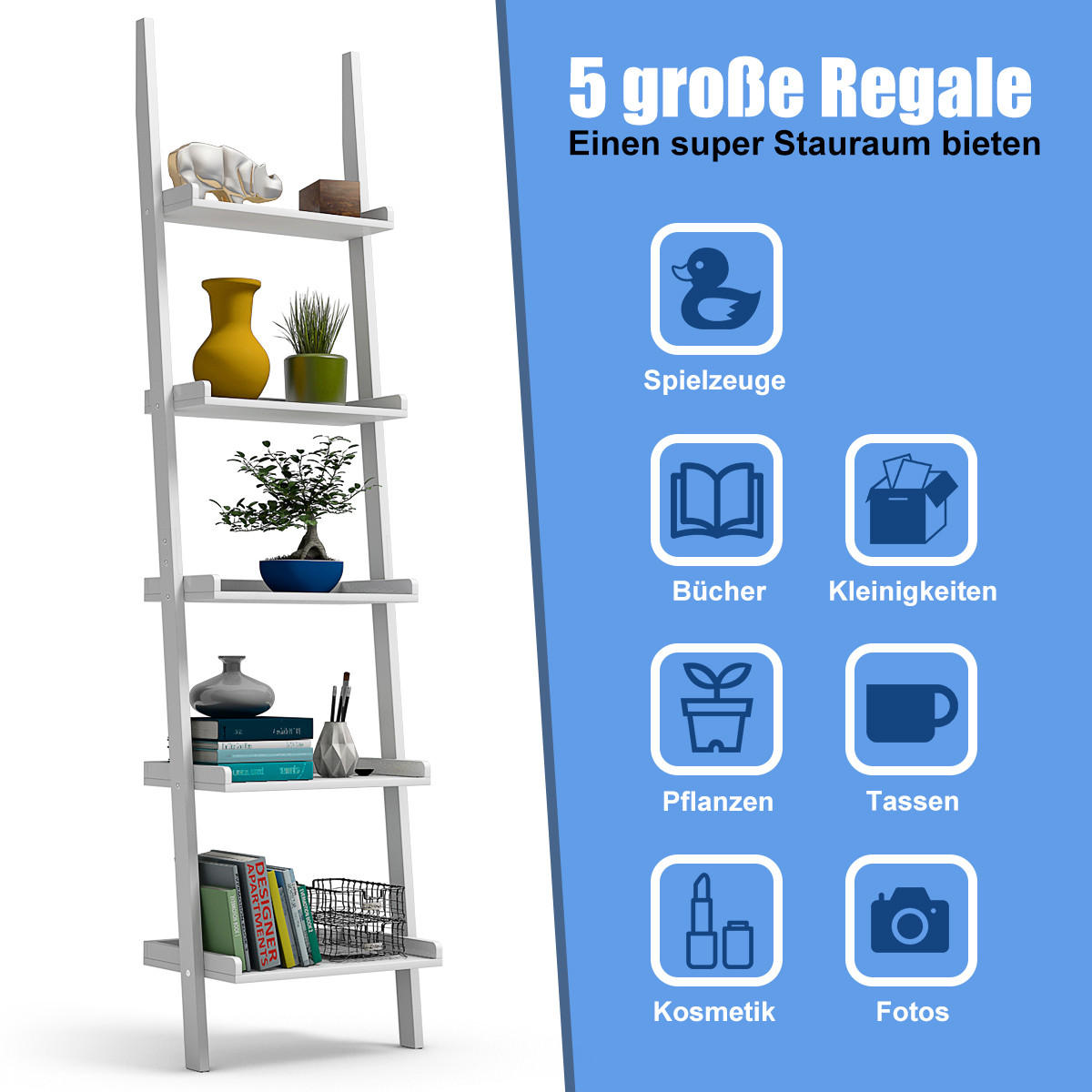 LEITERREGAL mit 5 Boeden Weiß - Weiß, Holz (33/189/56cm) - COSTWAY