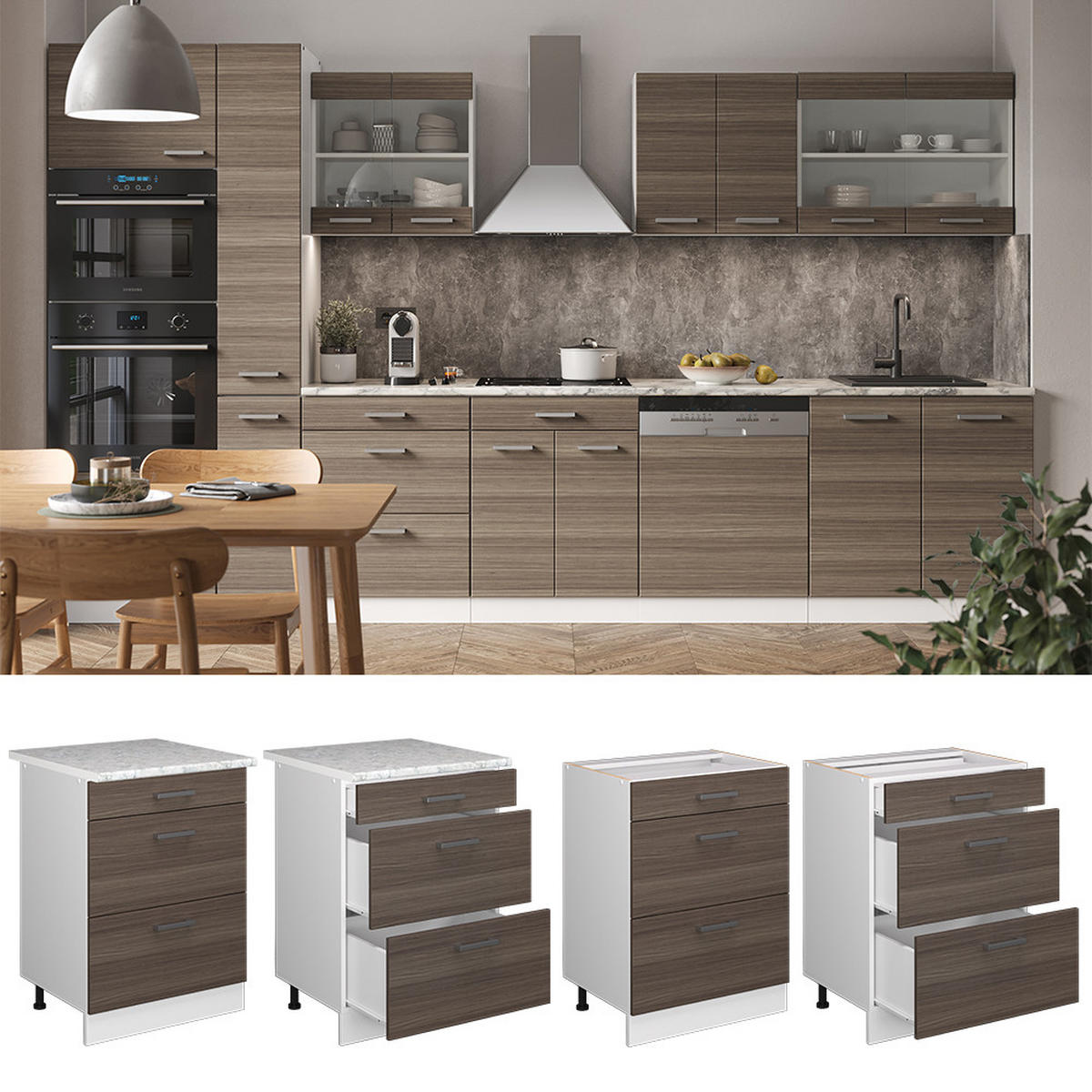 KÜCHENSCHRANK R-Line Grau 60 cm mit Schubladen, AP Marmor - Weiß/Braun, Holzwerkstoff (60/81.6/60cm) - Vicco