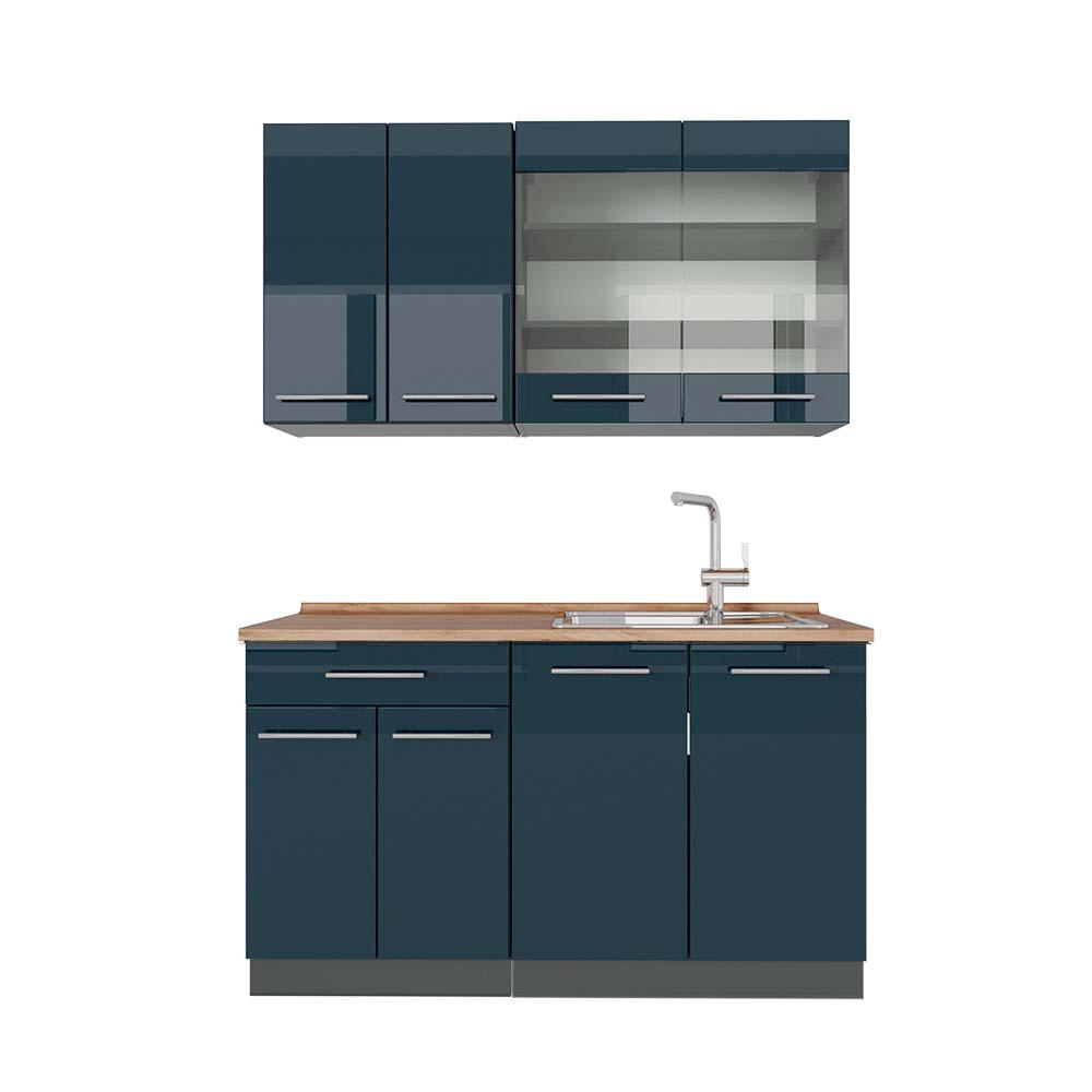 SINGLEKÜCHE Fame-Line Dunkelblau Hochglanz/Anthrazit 140 cm, AP Eiche - Anthrazit/Dunkelblau, Holzwerkstoff (140/81.6/60cm) - Vicco