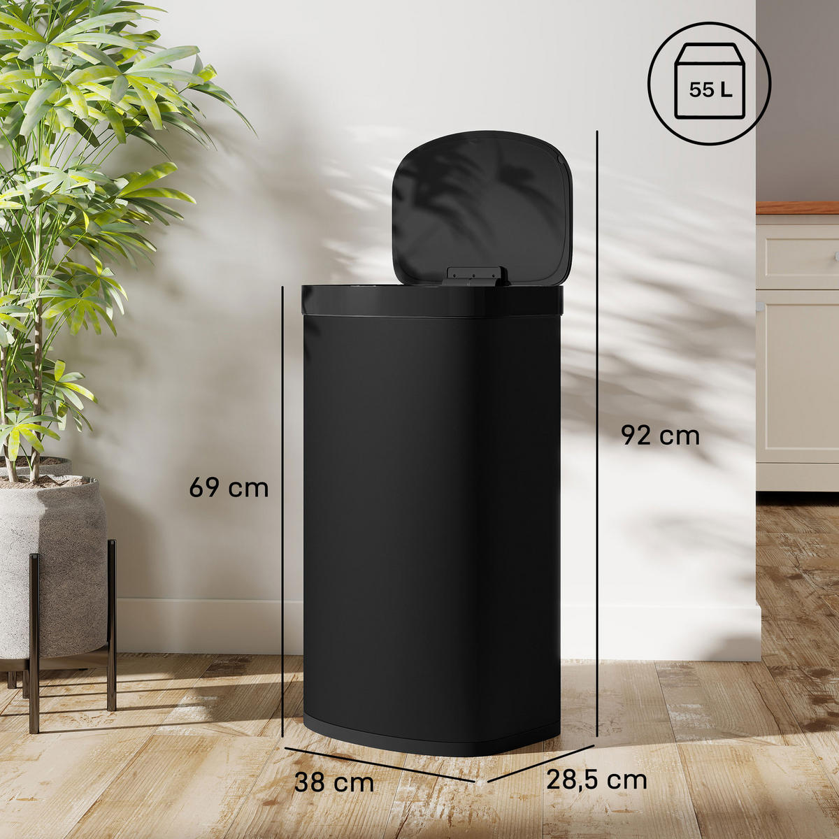 SENSOR-MÜLLEIMER Edelstahl Kunststoff Schwarz - Schwarz, Metall (28.5/69/38cm) - HOMCOM