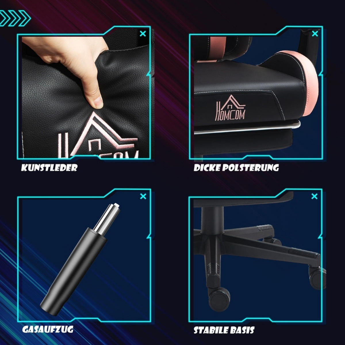 GAMING Stuhl mit Katzenohren, Lendenwirbelstütze, Fußstütze, Kopfkissen, höhenverstellbar, Liegefunktion Schwarz-Rosa - Schwarz, Leder (62/116/65cm) - BRILVERDE