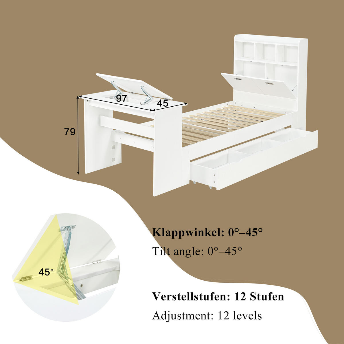JUGENDBETT 90/200 cm in Weiß mit Stauraum, Kopfteilregal und Klapptisch aus Holz - Weiß, Holzwerkstoff - STILVORA