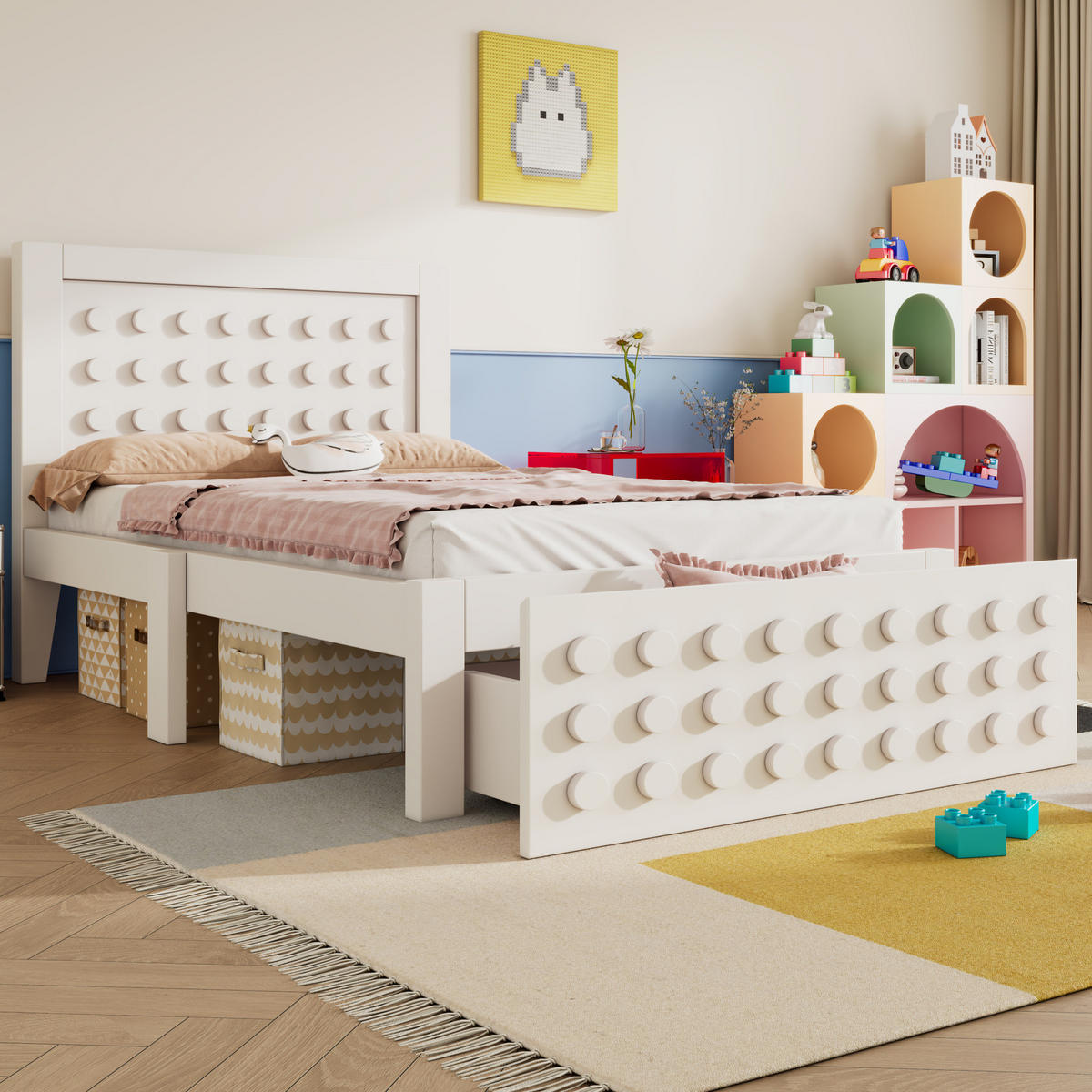 KINDERBETT 90/200 cm Weiß mit Stauraum und kreativem Blockdesign - Weiß, Holz (90/200cm) - OKWISH