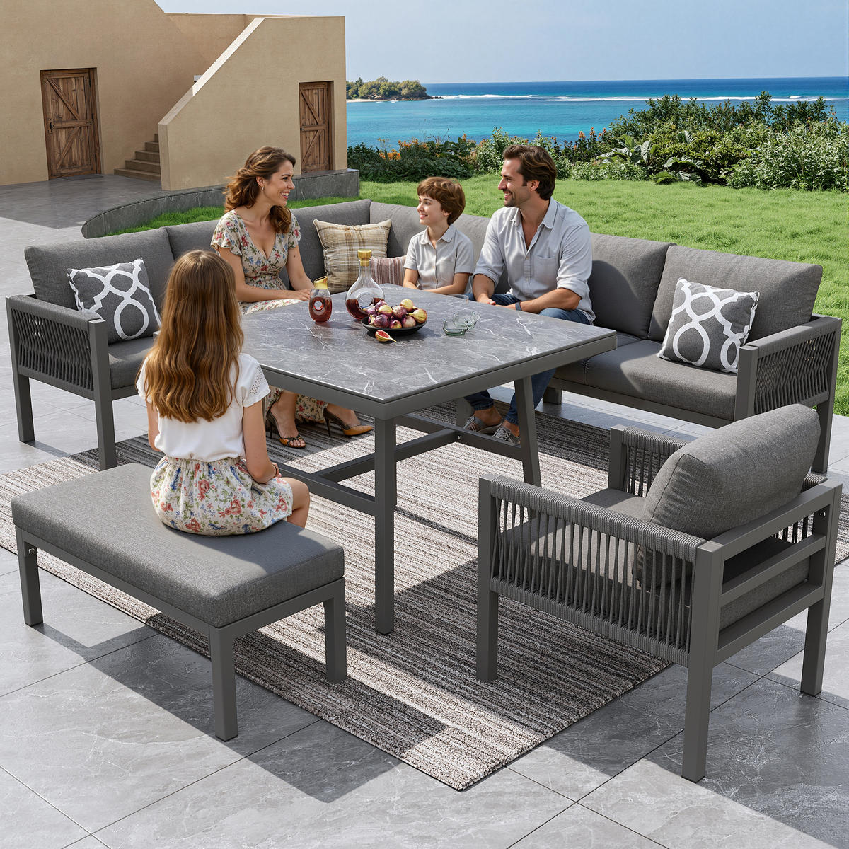 GARTENLOUNGE-SET, Eisen mit Marmorglas-Tisch, modular für 8 Personen, 118/61/80 cm, Grau - Grau, Metall - Redom