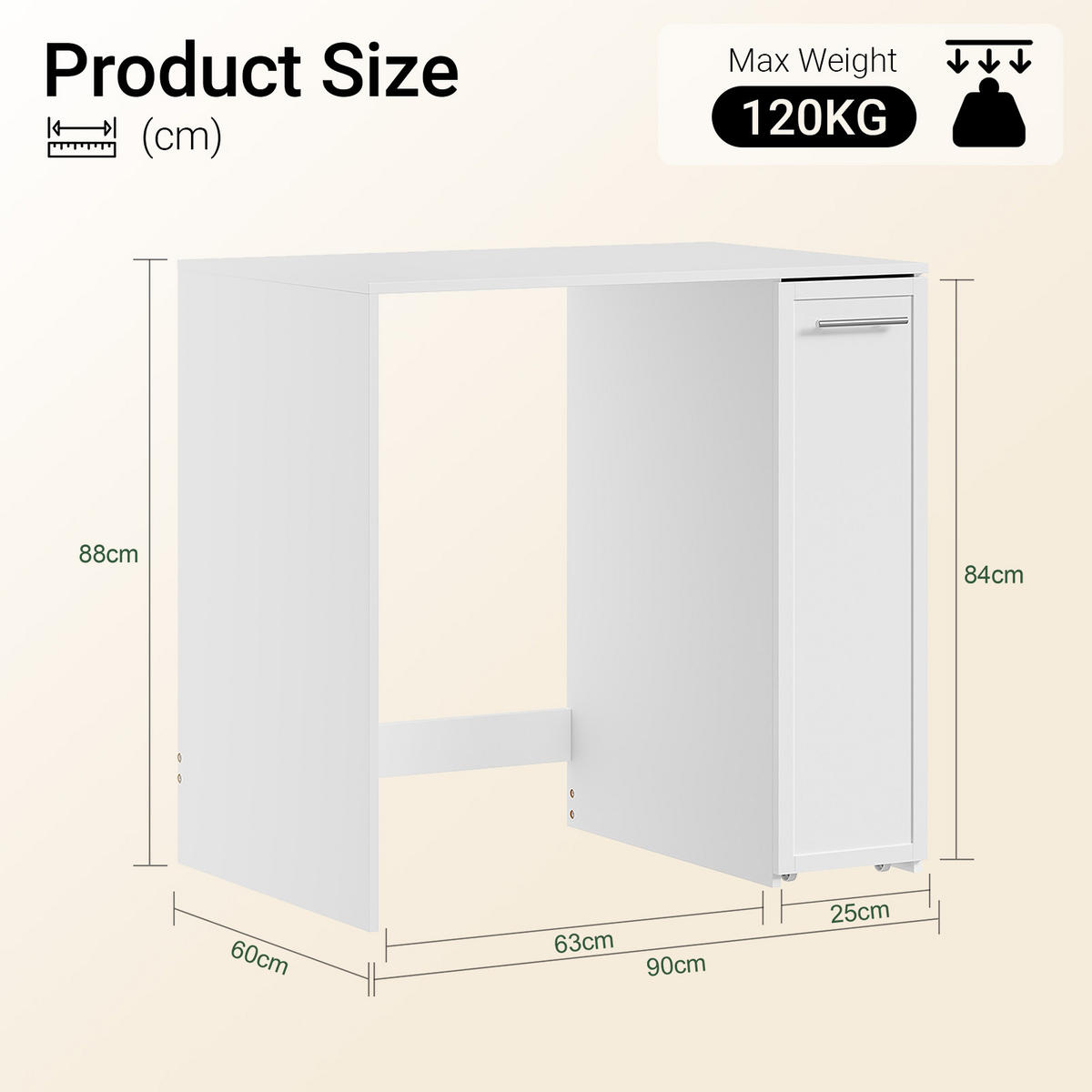 BÍLÝ boční skříňkový stolek do koupelny s kolečky - barva javoru, kožešina (90/88/60cm) - SoBuy