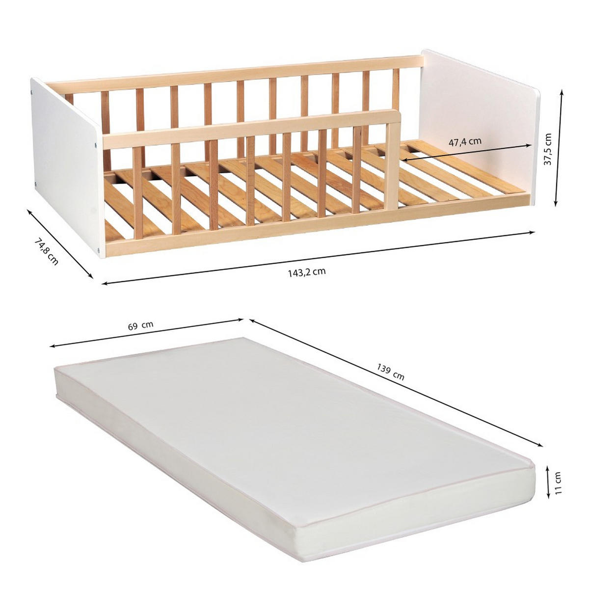 KINDERBETT PILOU / Bett 70x140 mit Matratze - Weiß und Hellholz - Weiß, Holz (70/140cm) - Weber Industries