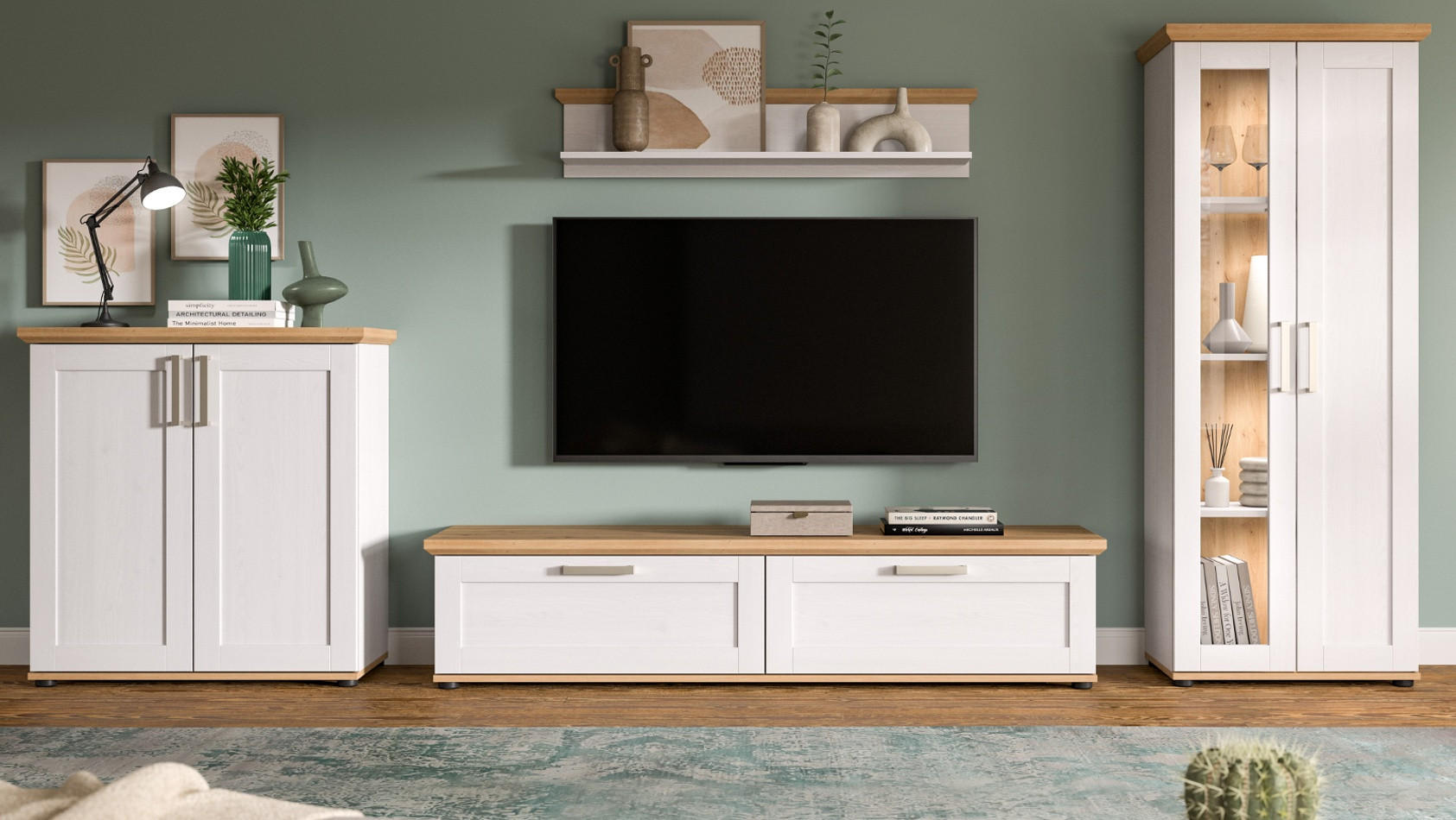 WOHNWAND 4-teilig weiß Lärche, Eiche Artisan 336 cm Landhaus, Schrankwand mit viel Stauraum - Silberfarben/Schwarz, Glas/Holzwerkstoff (336/161/40cm) - Inn.Furn