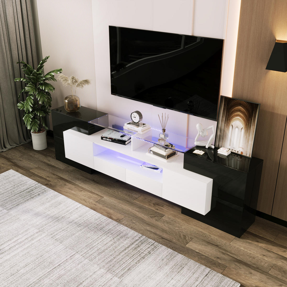 TV-LOWBOARD 200 cm Hochglanz LED weiß schwarz - Schwarz, Holzwerkstoff (200/60/30cm) - Fortuna Lai
