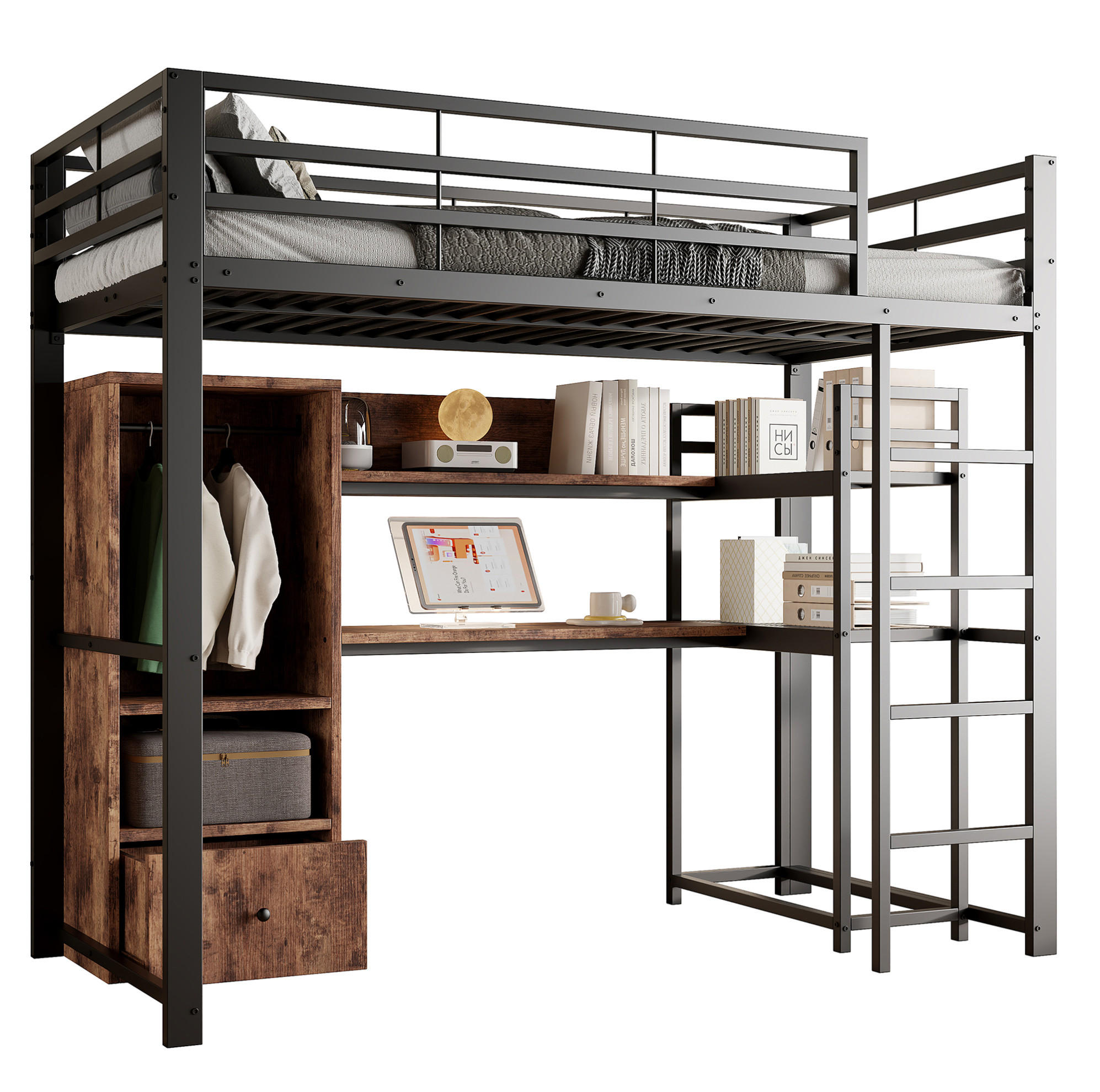 HOCHBETT mit Schreibtisch 140/200 cm in Schwarz – mit Stauraum, LED und Rausfallschutz - Schwarz, Holzwerkstoff (140/200cm) - BEAOK