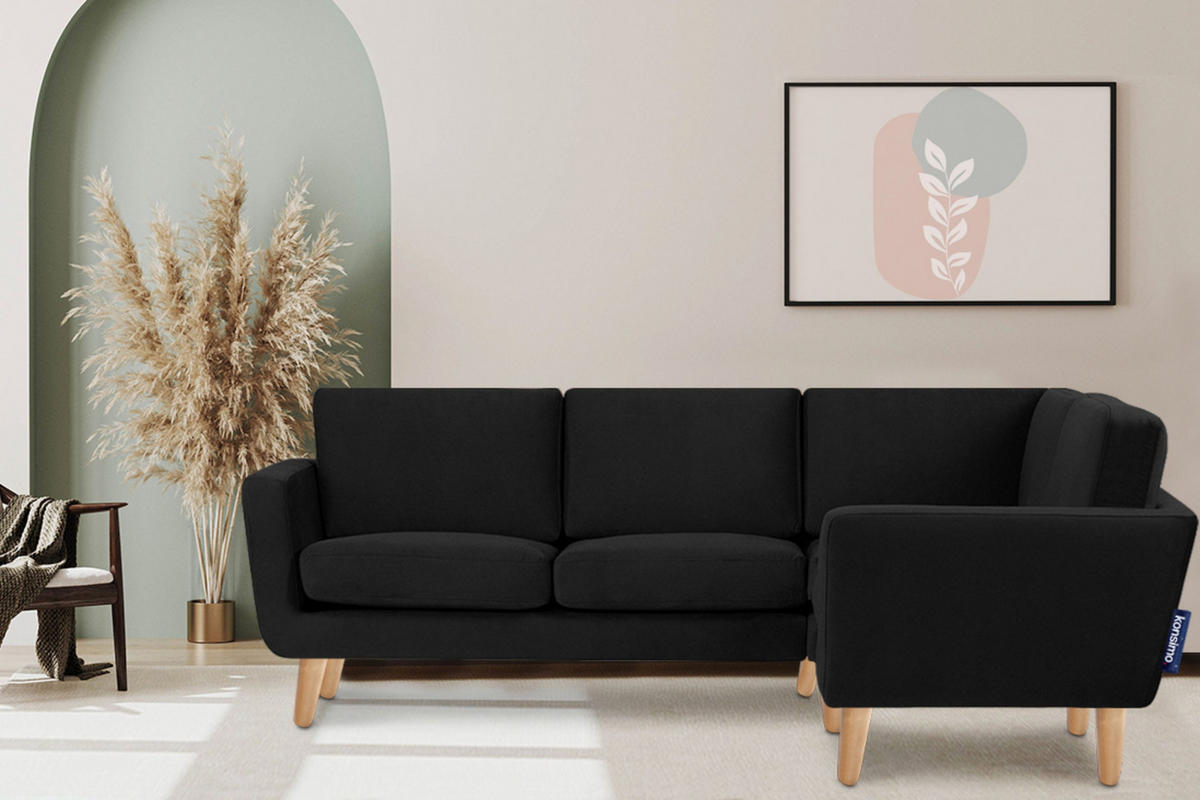 ECKSOFA-RECHTS TAGIO 3/4 Sitzer, Schwarz - Schwarz/Braun, Buchenholz/Textil (220/181cm) - KONSIMO®