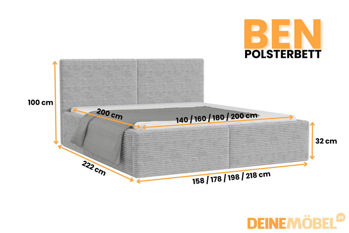 POLSTERBETT BEN 140/200 in Cord Hellgrau - Hellgrau, Holz/Holzwerkstoff (140/200cm) - Deine Möbel 24