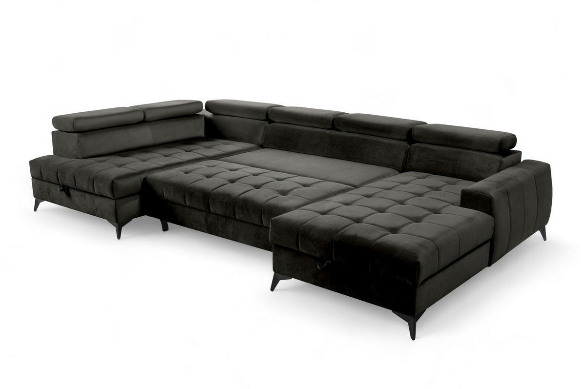 WOHNLANDSCHAFT Arkucio U Schwarz 345/200/95 cm – großes Sofa mit Schlaffunktion R - Schwarz, Textil/Metall (345/95/200cm) - AX Living