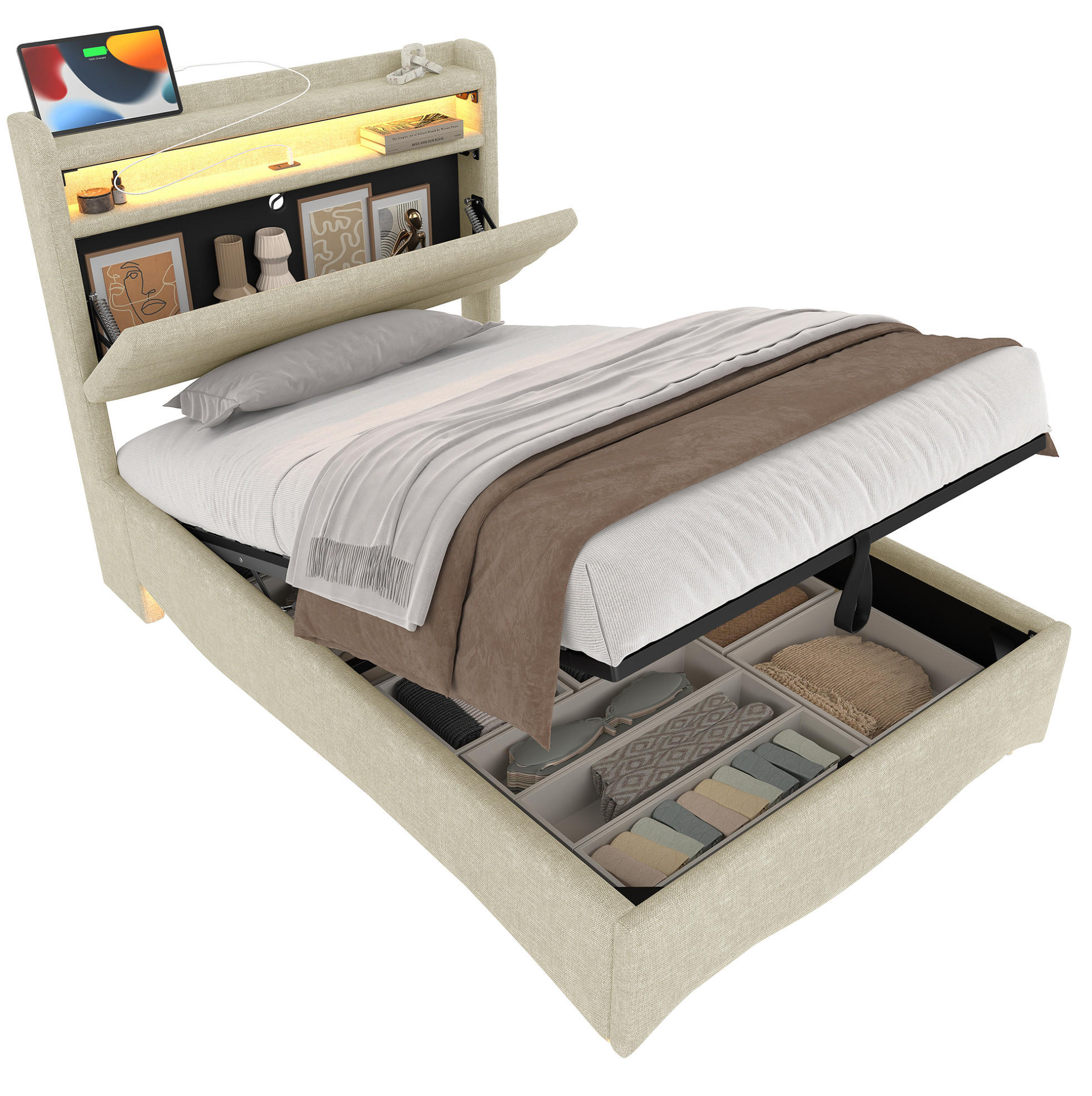 POLSTERBETT aus Leinen 90x200 cm Beige mit LED-Beleuchtung, USB- und Typ-C-Anschluss sowie hydraulischem Stauraum - Beige, Textil (90/200cm) - Modfu