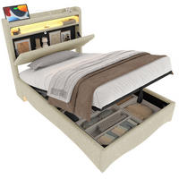 POLSTERBETT aus Leinen 90x200 cm Beige mit LED-Beleuchtung, USB- und Typ-C-Anschluss sowie hydraulischem Stauraum - Beige, Textil (90/200cm) - Modfu