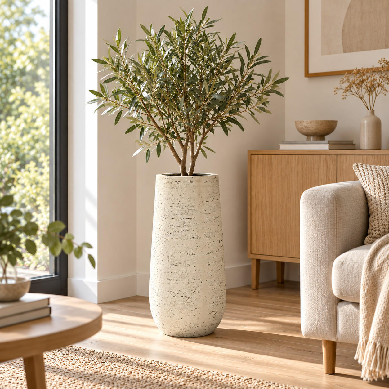 BLUMENTOPF groß & rund mit Ablaufloch, Ø 25 × H 50 cm, Beige - Weiß, Naturmaterialien (50cm)