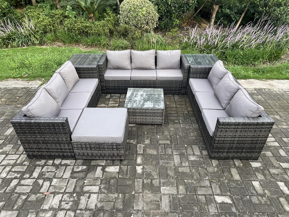 GARTENTISCHGRUPPE Polyrattan 11-Sitzer - Dunkelgrau, Metall - Fimous