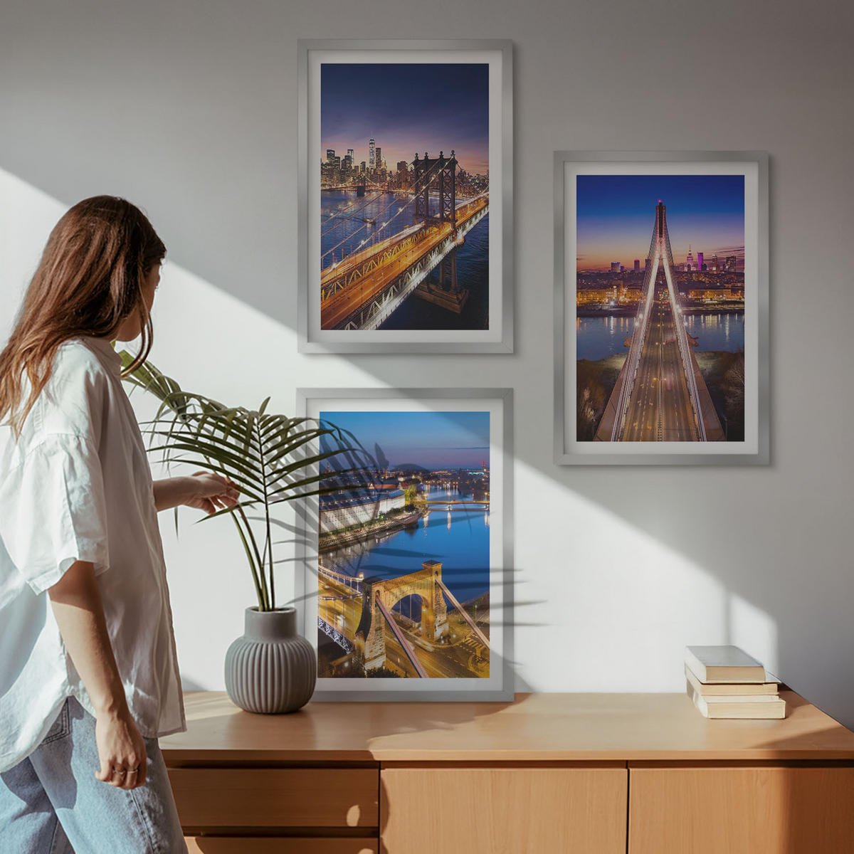 BILDER SET 3er Set - 40x60 cm Silberner Rahmen - Städte bei Nacht, Brücken, Flüsse - Silberfarben, Kunststoff (40/60cm) - TULUP