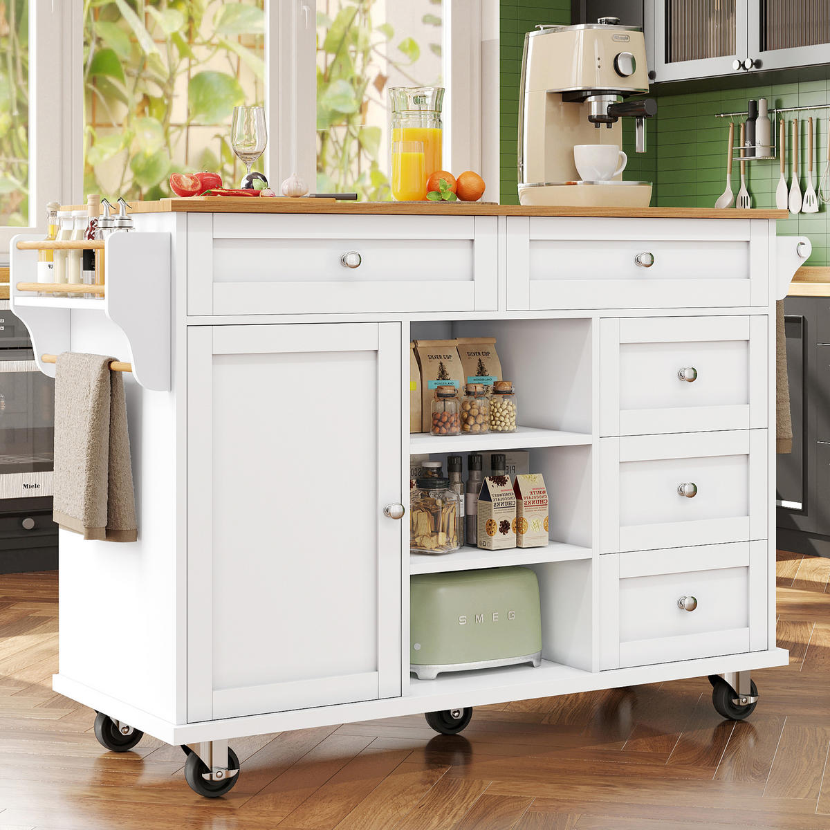 KÜCHENINSEL 134/46/92 cm weiß mit Rollen und viel Stauraum - Weiß, Holzwerkstoff (134/92/46cm) - OKWISH