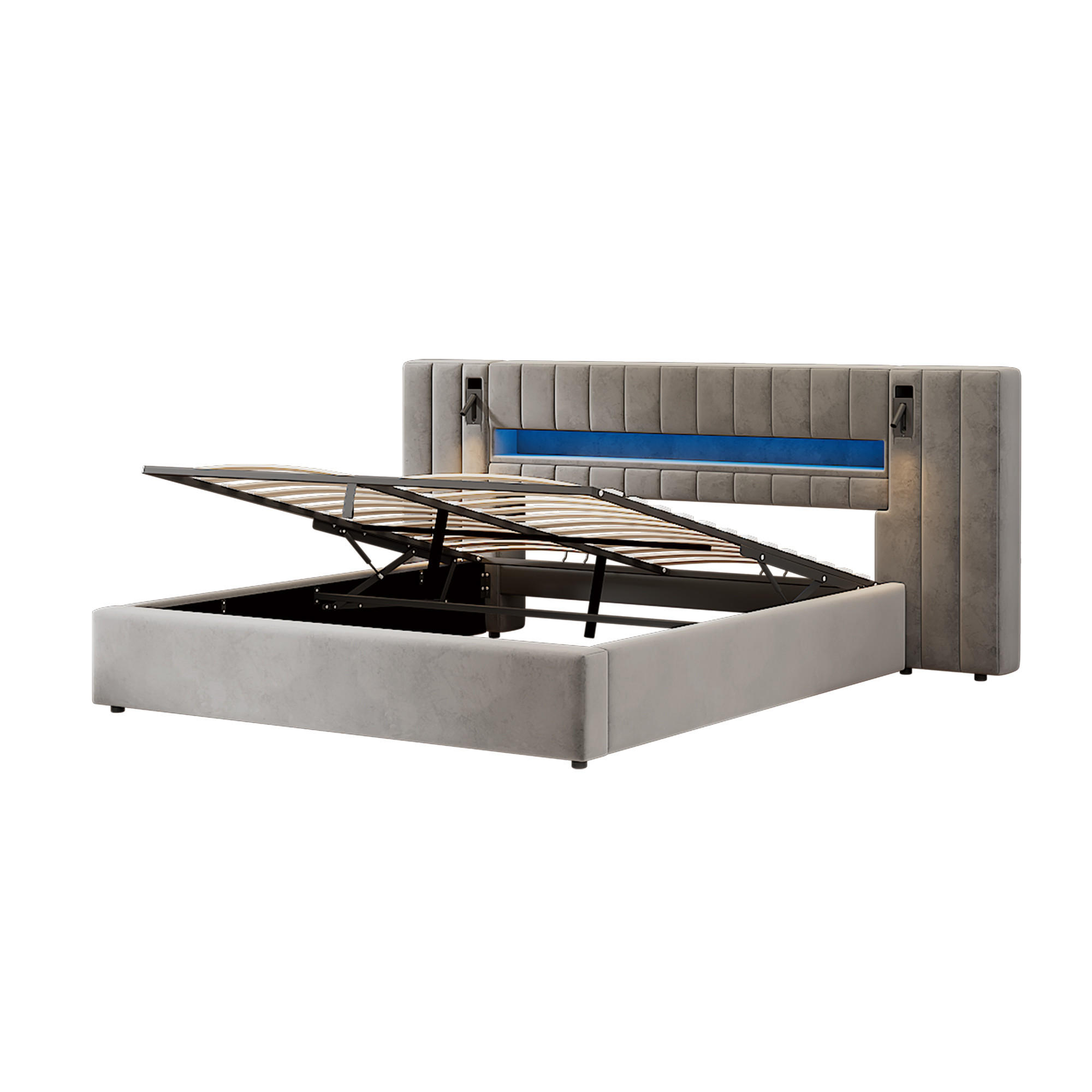 POLSTERBETT 180 x 200cm mit USB-Anschluss in grau Samt - Grau, Holz/Textil (180/200cm) - KOMHTOM