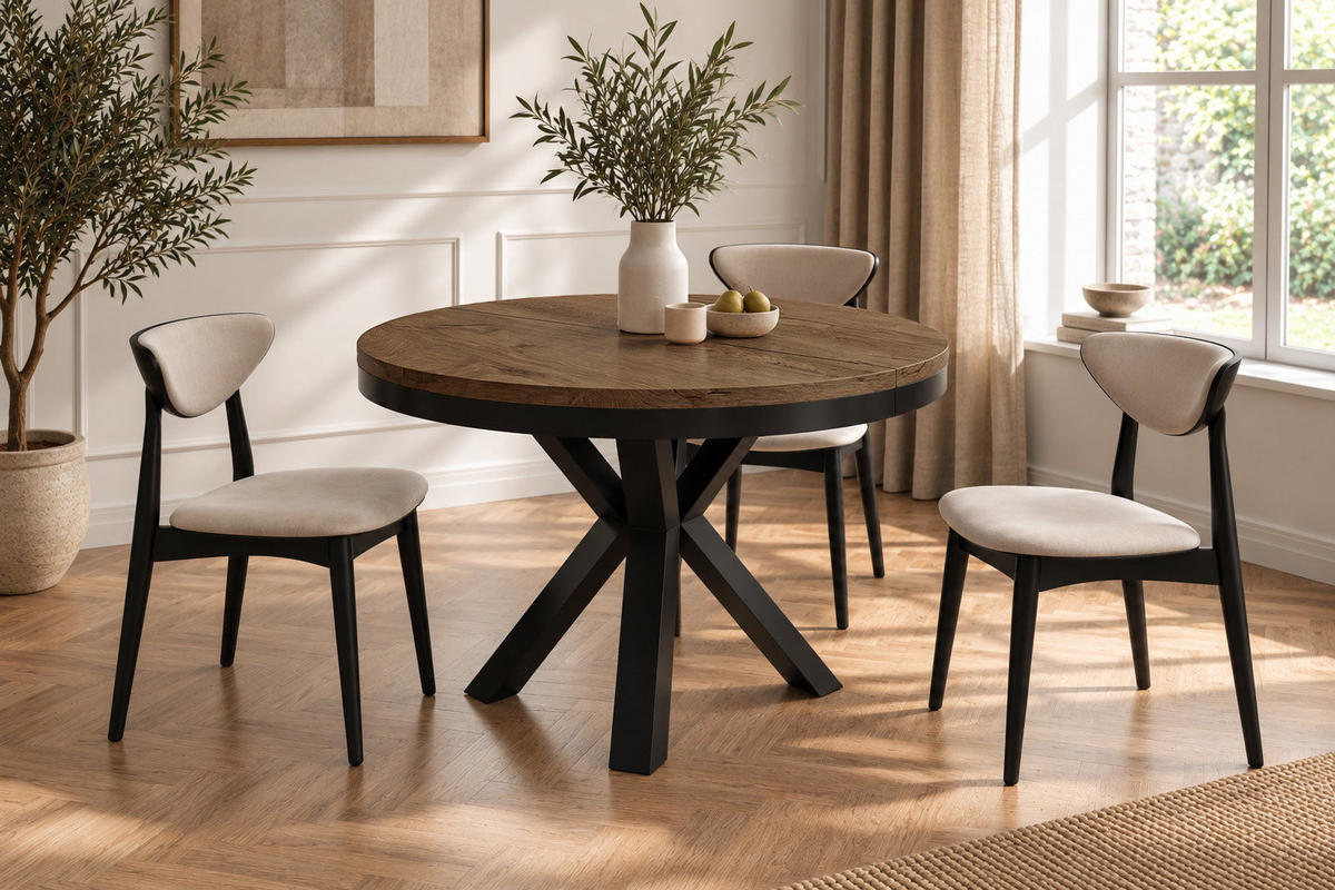 ESSTISCH Clara runder ausziehbarer, Eiche Braun Rustikal 120-200/120/76 cm - Alteiche/Schwarz, Holzwerkstoff/Metall (120/200/76cm) - WFL GROUP