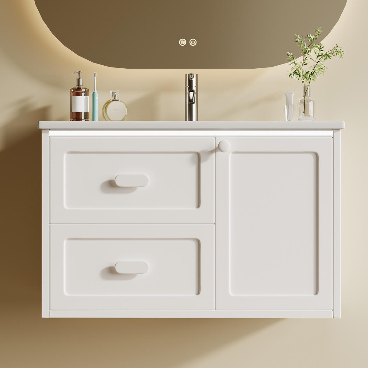 BADEZIMMER-HÄNGESCHRANK 76×46×51 cm, weiß, lackiert, mit LED-Radarsensor-Beleuchtung, 2 Schubladen, leisen Gleitschienen und integriertem Waschbecken - Weiß, Holzwerkstoff (46/51/76cm) - Ej. Life