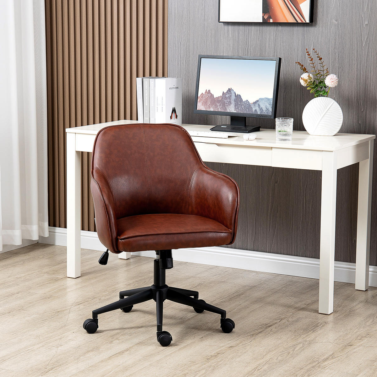 BÜROSTUHL mit Wippfunktion Höhenverstellbarer Schreibtischstuhl mit Rollen - Braun, Kunststoff (62/91/58.5cm) - Vinsetto