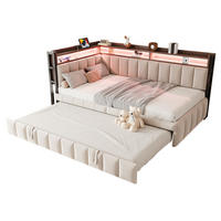 BETT 90/200 cm in Beige mit Ausziehbett, LED und USB-C - Beige, Textil (90/200cm) - BEAOK