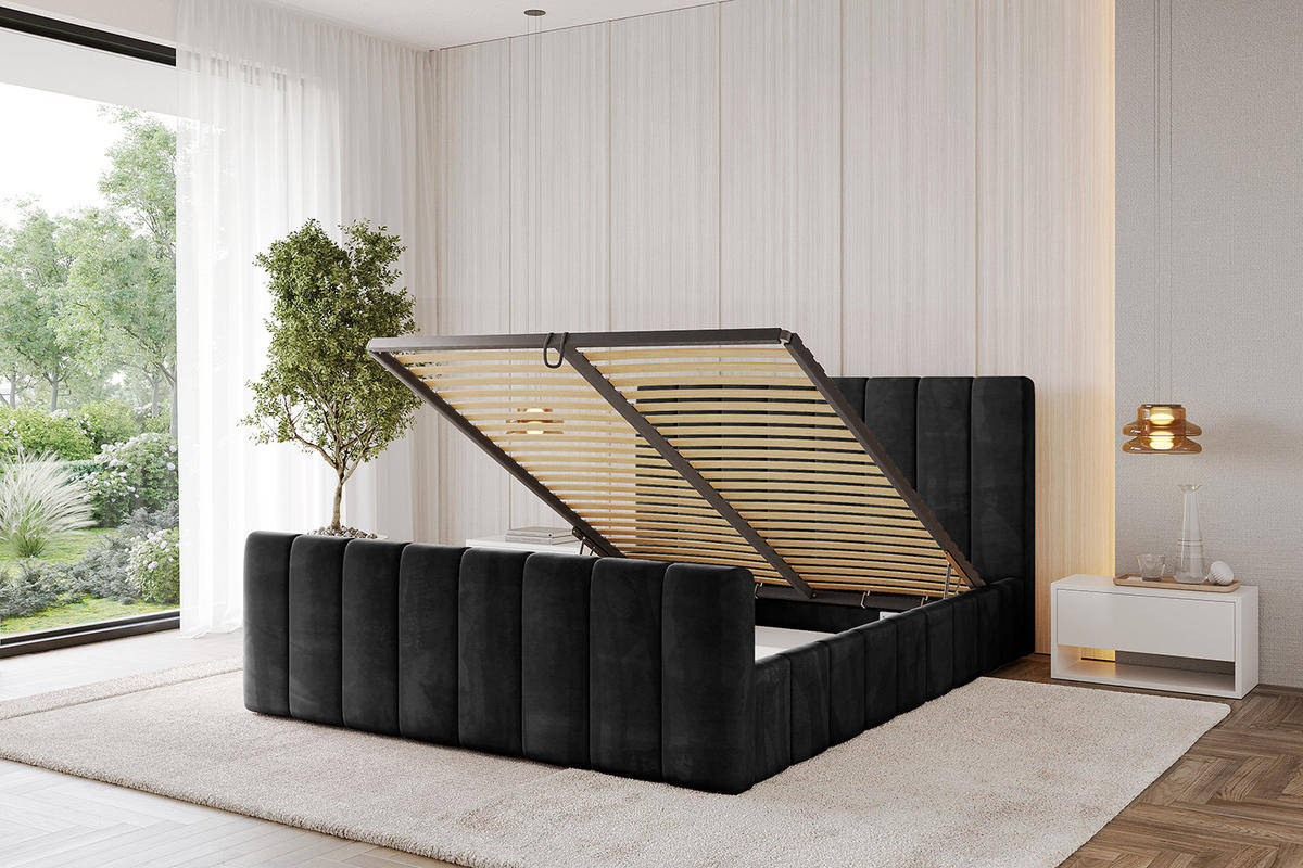POLSTERBETT mit Bettkasten, Fußteil und Lattenrost, Boxbett mit Matratze H3/H4 - FINO-Z 180x200 Schwarz - Schwarz, Holzwerkstoff/Textil (180/200cm) - ALTDECOR