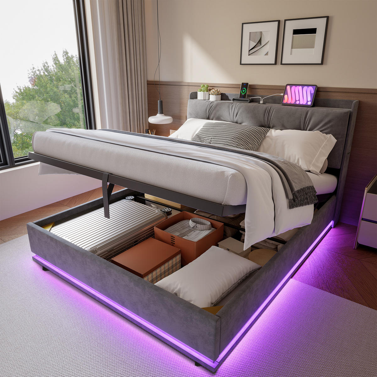 ČALÚNENÁ posteľ 160x200 cm, zamatovosivá, s boxom na posteľ, LED a USB-C - sivá, drevo (160/200cm) - SHOPENTRA