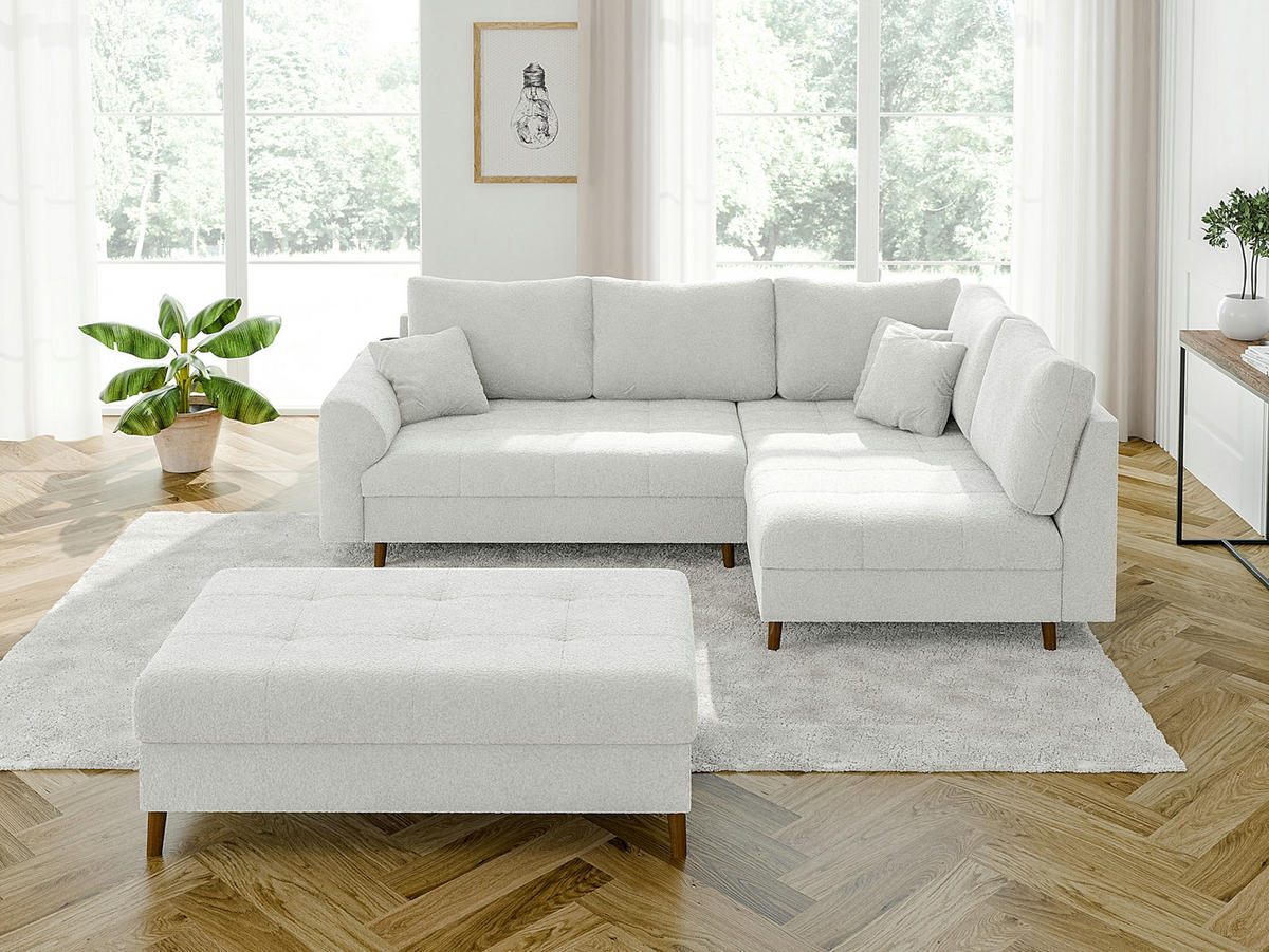 ECKSOFA inkl. Hocker Henrik Weiß Boucle - Ottomane rechts - Weiß/Braun, Holz/Textil (231/161cm) - S-Style Möbel