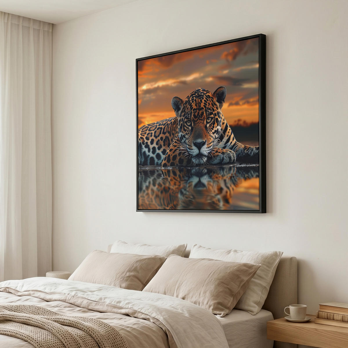 LEINWAND Bilder mit Rahmen - Natur - Leopard - Tier - Sonnenuntergang - Modern - 90x90 - Orange, Textil (90/90cm) - MuchoWow