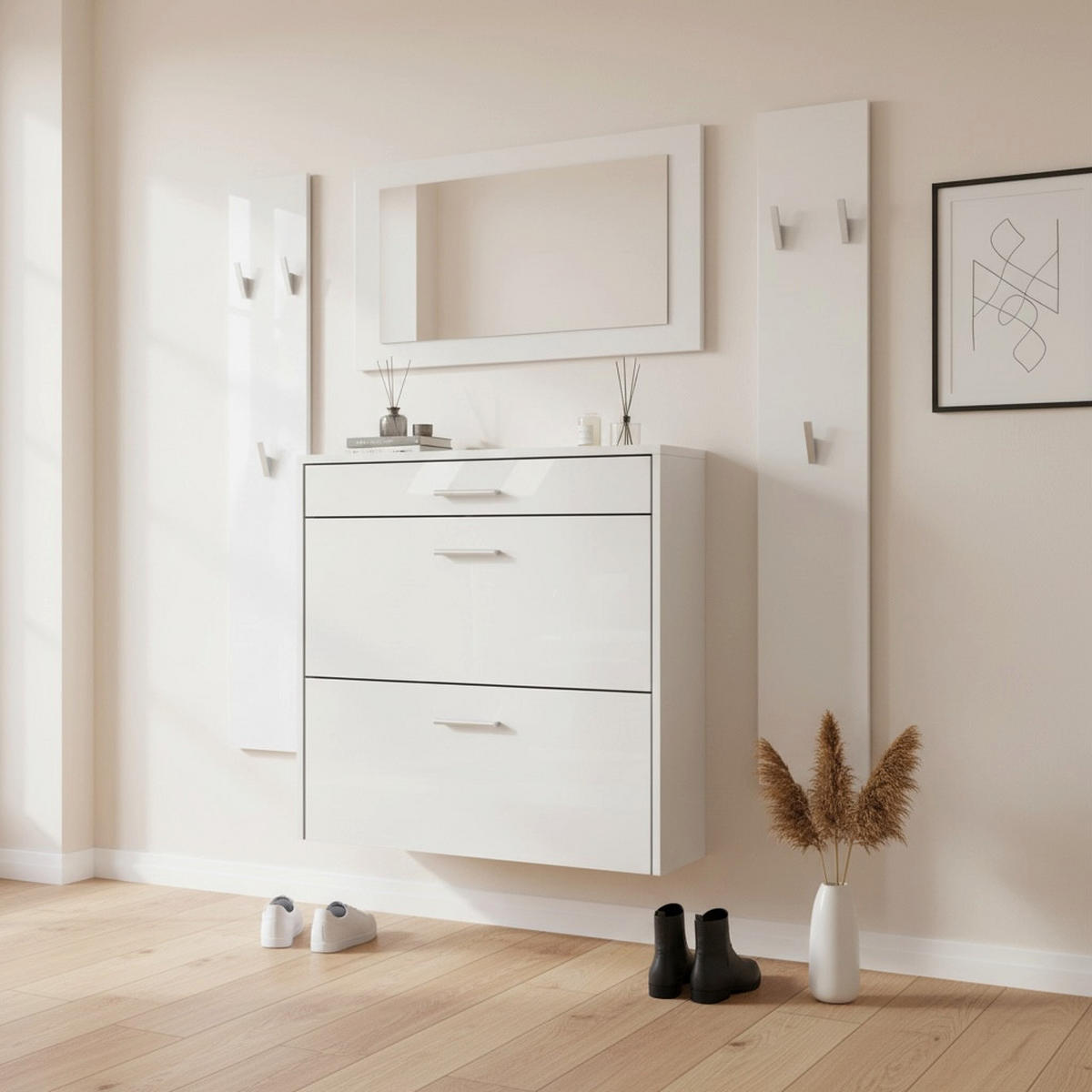 GARDEROBEN-SET Roma Air 4-teilig, Moderne Flurgarderoben Set mit Schuschrank, 2 Wandpaneele und Wandspiegel, Weiß matt/Weiß Hochglanz - Weiß Hochglanz, Holzwerkstoff (190/200/23cm) - InnoFurn