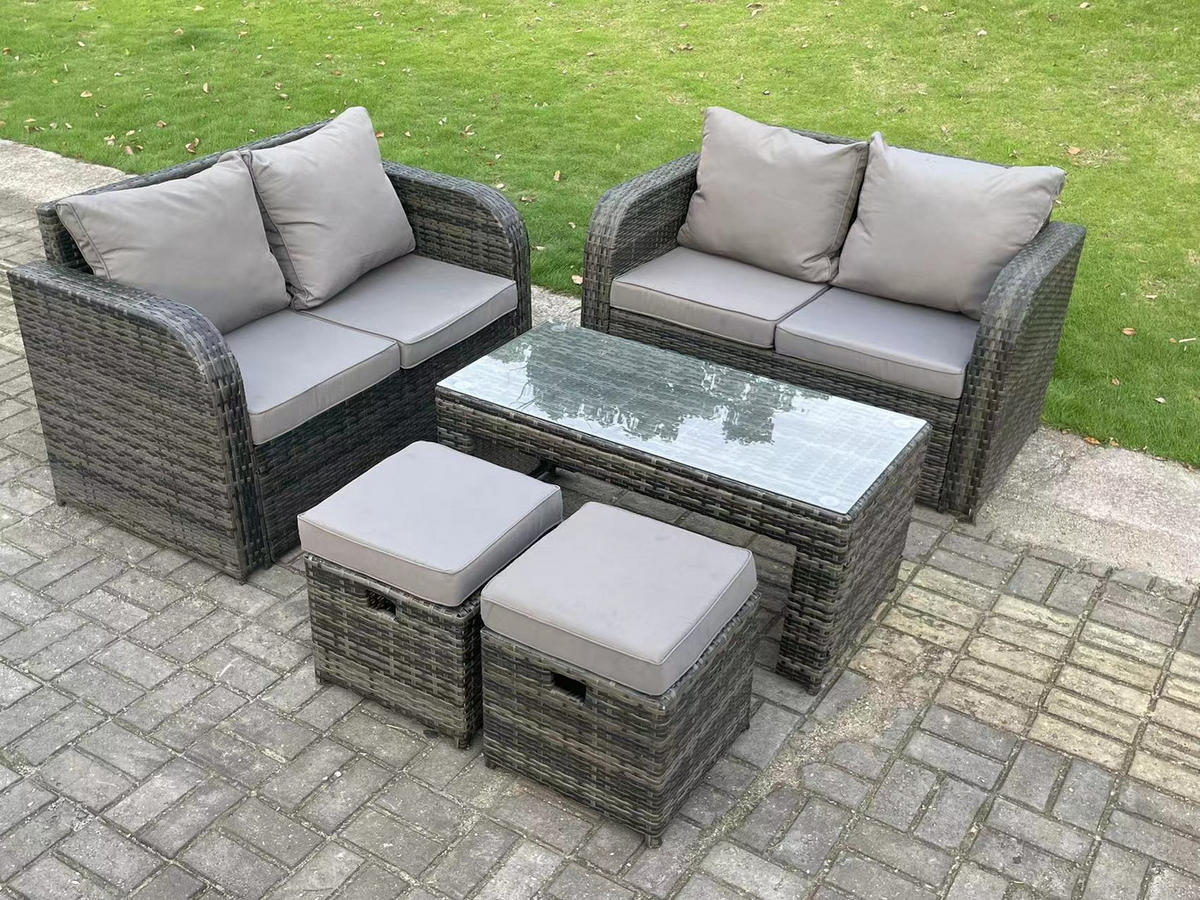GARTENMÖBELSET mit 2 kleinen Hockern Polyrattan 6-Sitzer - Dunkelgrau/Grau, Glas/Kunststoff - Fimous