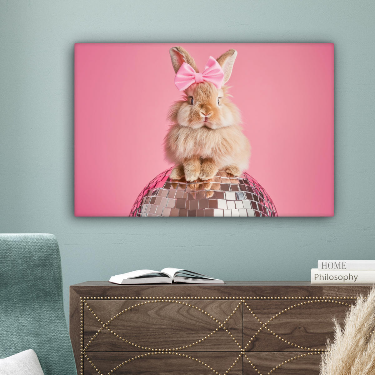 LEINWANDBILD Schleife - Discoball - Kaninchen Gemälde 60x40 cm - Pink, Textil (60/40cm) - MuchoWow