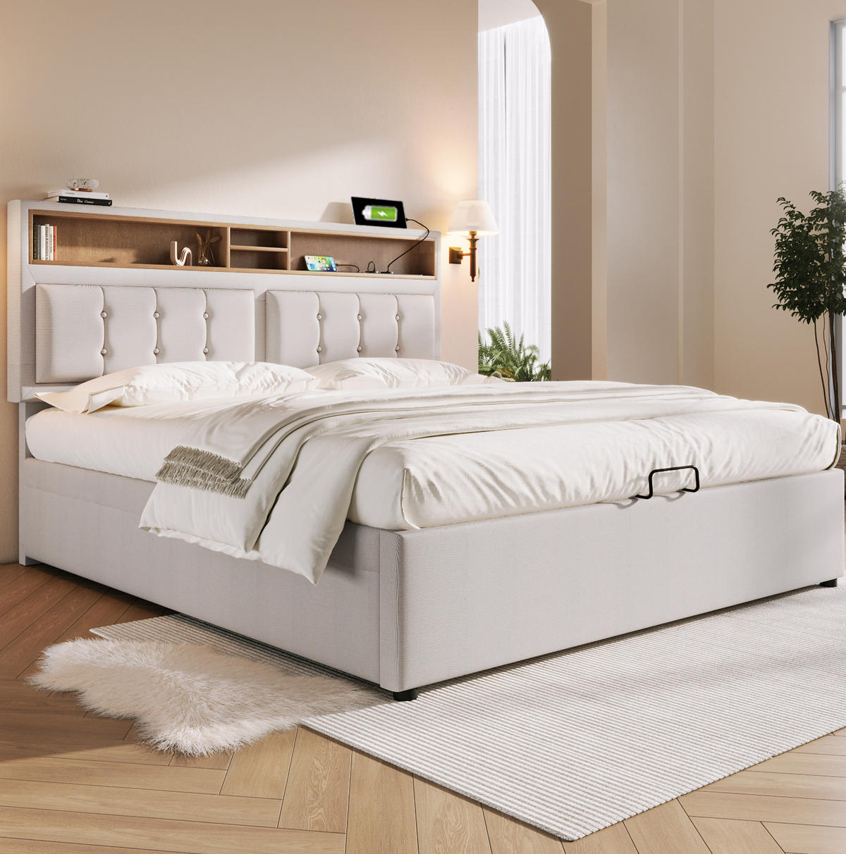 POLSTERBETT 160/200 cm Beige mit Stauraum und USB- und Type-C-Anschlüssen - Beige, Textil (160/200cm) - Flora Grace