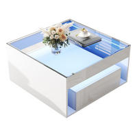 COUCHTISCH in Weiß Kaffeetisch mit 2 Schubladen, LED & gehärtetem Glas, Hochglanz, für Wohnzimmer, B70/T70/H35cm - Weiß, Glas/Holzwerkstoff (70/70/35cm) - STILVORA