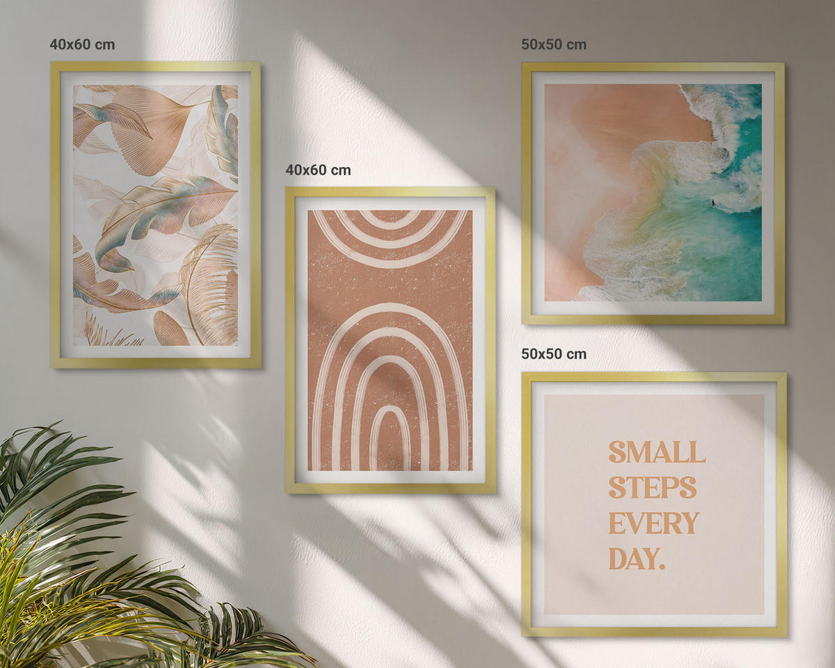 BILDER SET 4er Set - 50x50 cm & 40x60 cm Goldrahmen - Zarte Boho-Blätterschrift - Goldfarben, Kunststoff (50/50cm) - TULUP