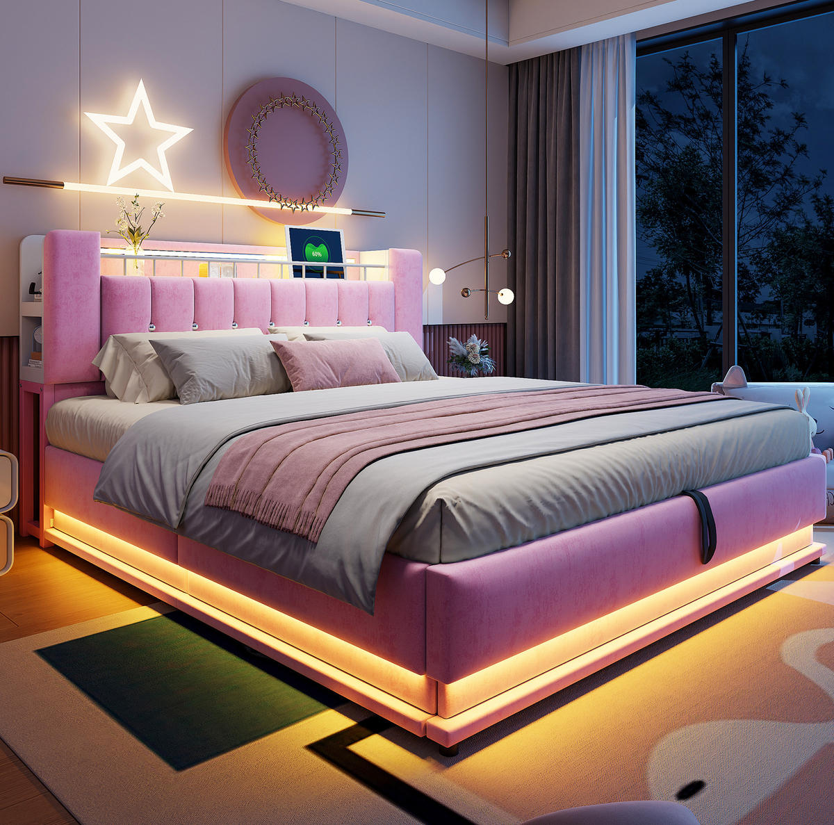 POLSTERBETT 180/200 cm Pink mit LED-Beleuchtung mit USB- und Type-C-Anschlüssen mit Stauraum Samtbezug - Rosa, Textil (180/200cm) - OKWISH