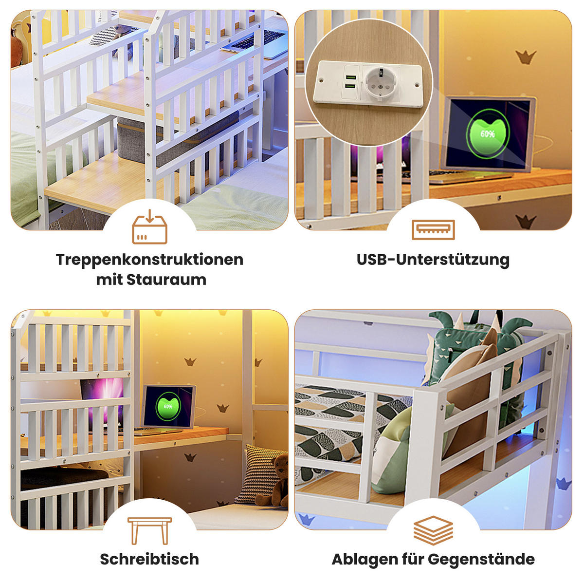 ETAGENBETT 90/200 cm in Weiß mit LED-Beleuchtung und Schreibtisch - Weiß, Metall (90/200cm) - OKMYHOME