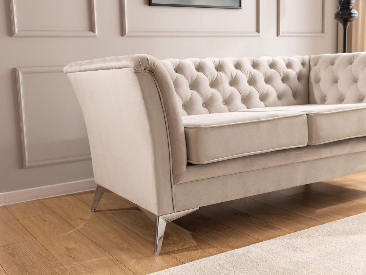 CHESTERFIELD-SOFA 2-sitzer Whitby Beige Samt mit silbernen Füßen - Beige/Silberfarben, Holz/Textil (175/78/82cm) - S-Style Möbel