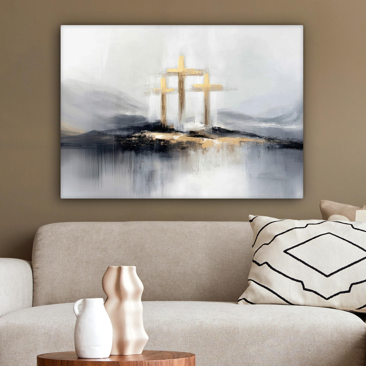 LEINWANDBILD Abstrakt - Malerei - Christentum - Kreuz Wandbilder 80x60 cm - Weiß, Textil (80/60cm) - MuchoWow