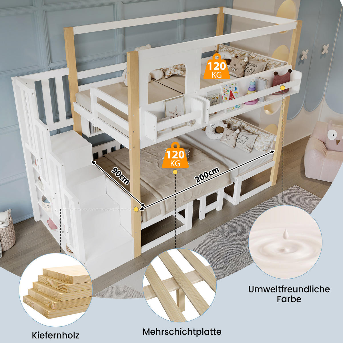ETAGENBETT 90/200 cm, Weiß/Natur mit klappbarer Tischplatte und Stauraumtreppe - Weiß, Holz (90/200cm) - MIVRAY