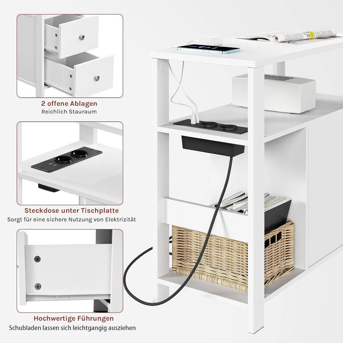 BEISTELLTISCH mit Steckdose, 60x60x30 cm - Weiß, Holzwerkstoff (30/60/60cm) - Woltu